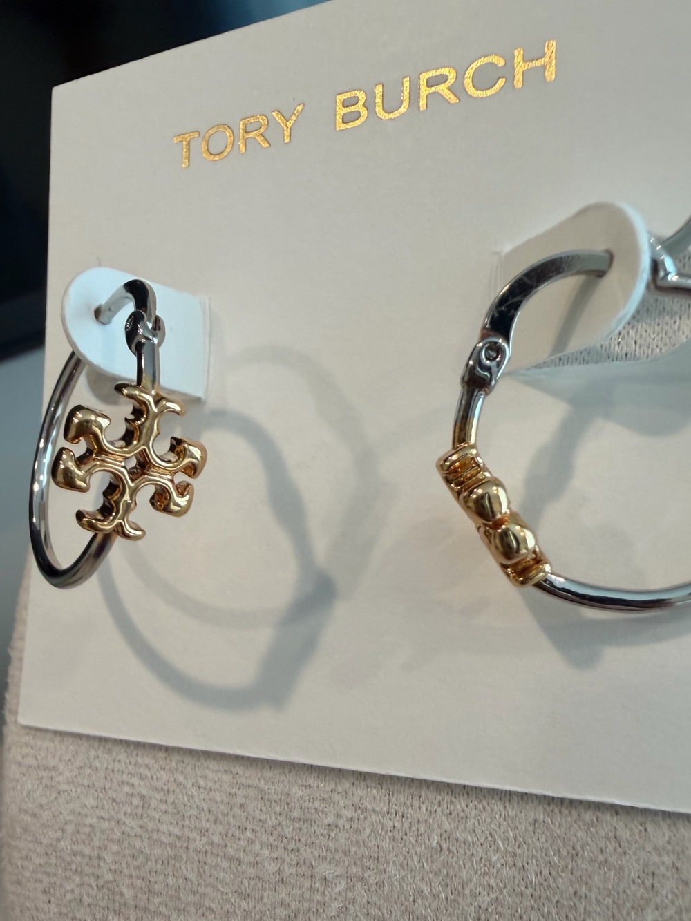 Tory Burch Two-Tone Rose Gold and Silver Logo Hoop Earrings